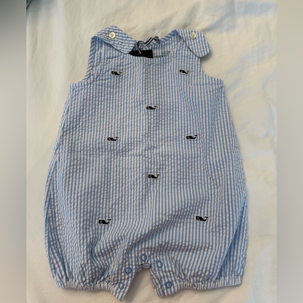 Vineyard Vines Blue and White Striped Seersucker Baby Romper